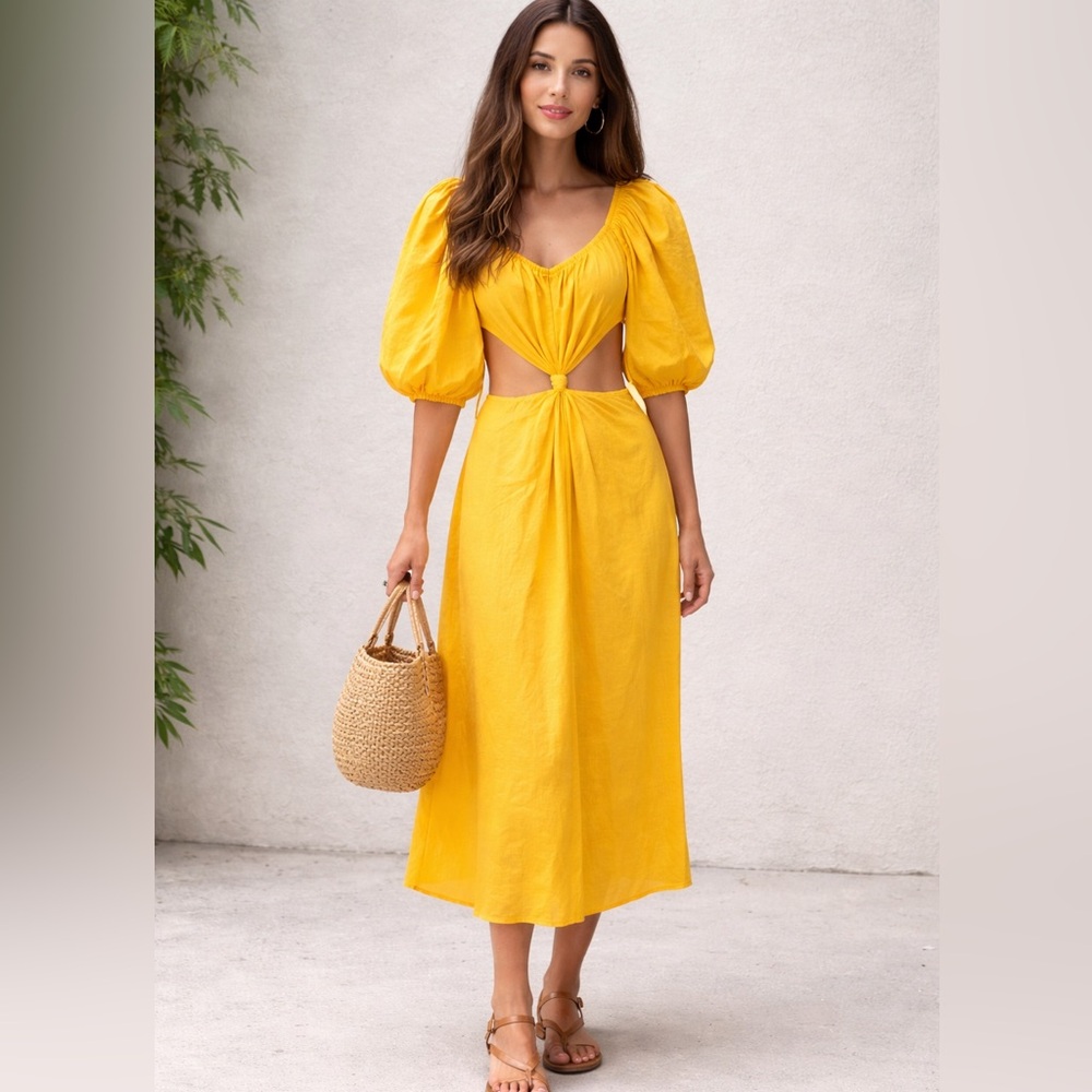 FARM Rio Bright Yellow Midi Dress with Puff Sleeves Anthro